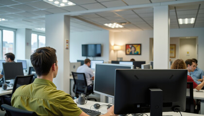 Modern office environment with diverse team working at desks