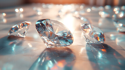 Sparkling diamonds scattered on a reflective surface with soft lighting creating a luxurious atmosphere