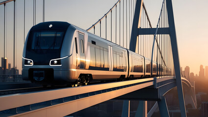 Fototapeta premium Modern Train on Bridge: A sleek, contemporary train glides across a majestic bridge, with city skyline and sunset in background, embodying progress and efficient transport.