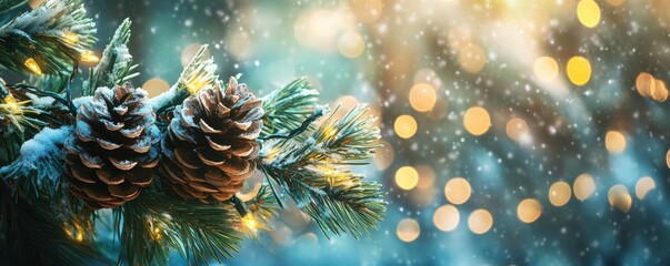 A close-up view of a pine cone nestled on a snow-covered branch, showcasing the intricate textures of the cone's scales and the soft, white snowflakes gently resting on it.