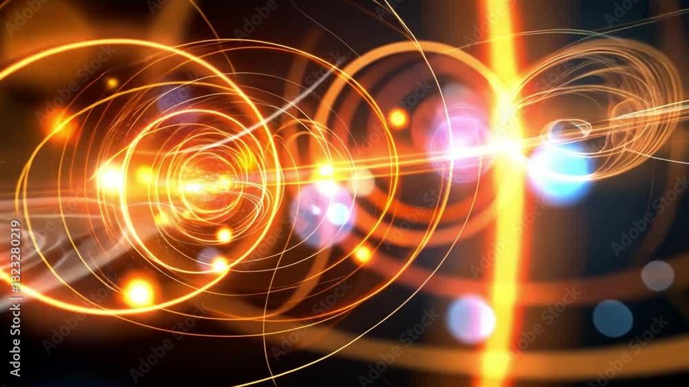 Poster dynamic abstract vdo with swirling orange and yellow light trails against dark background, creating 