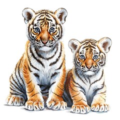 Naklejka premium Two Adorable Tiger Cubs Sitting Together A Charming Wildlife Illustration.