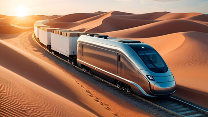 Desert Rail Journey: A high-speed train gracefully navigates the undulating expanse of a desert landscape, bathed in the warm glow of the setting sun, conveying a sense of speed, progress.