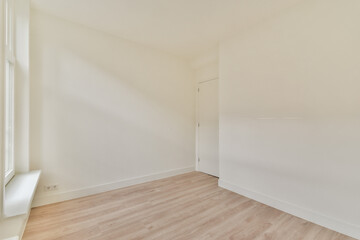 Spacious and minimalistic design featuring light-colored walls and wooden flooring, creating a serene and uncluttered atmosphere in the room.