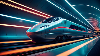Obraz premium Speed of Innovation: A sleek, futuristic bullet train streaks through a brightly lit tunnel, capturing the essence of rapid transport, progress, and innovation.