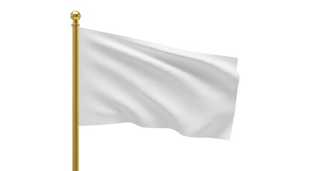 Elegant white flag waving on a sleek golden pole isolated on white background