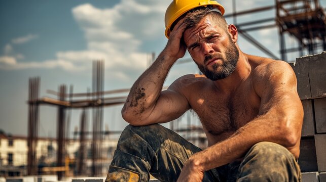 Man in a yellow hard hat is sitting on a pile of bricks. He is sweating and he is in pain
