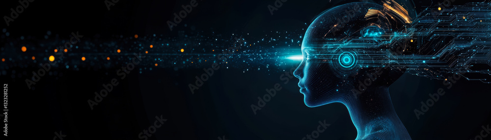 Poster futuristic ai technology depicting cyborg human with digital connectivity and advanced machine learn