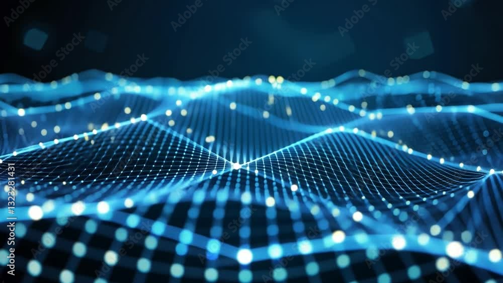 Poster digital landscape of interconnected blue lines and glowing nodes forms futuristic network, evoking t