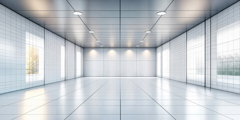 Spacious Modern Exhibition Hall with White Tiled Walls and Ceiling Spotlights Empty Interior Design 3D Rendering