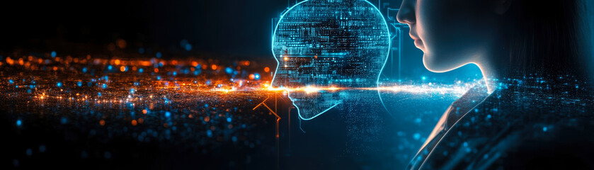 Business professional interacting with digital AI hologram concept for technology innovation, data analysis, and machine learning