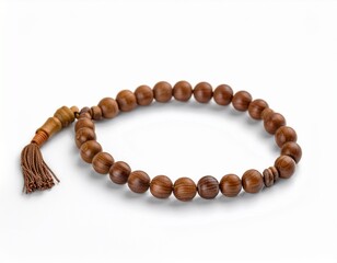 Obraz premium Dark brown wooden prayer beads with a tassel, arranged on a white background. A simple, yet elegant religious accessory.