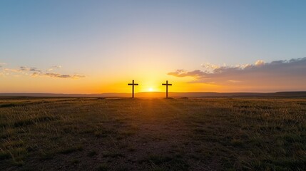 Obraz premium Serene image of dark silhouettes of crosses set against a vibrant colorful sunset over a tranquil field or countryside setting