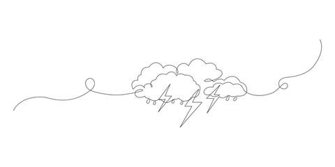 Continuous one line art editable drawing of thundercloud and lightning