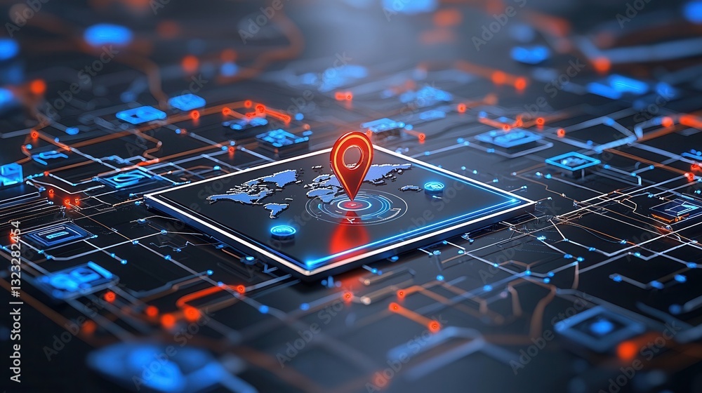 Poster detailed close up view of a digital world map displaying a glowing geographic location pin represent