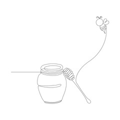 Continuous one line drawing of bee with honey jar and a honey dipper