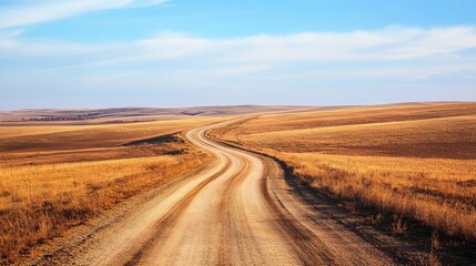 Fototapeta premium Scenic Dirt Road Winding Through Golden Fields Under Clear Blue Sky in Expansive Countryside Landscape