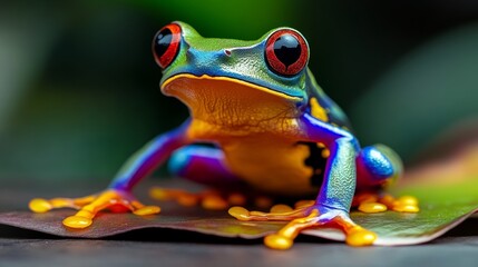Frog with bright green and yellow colors is standing on a leaf. The frog has red eyes and a red stripe on its face. Concept of vibrancy and life, as the frog's colors are bright