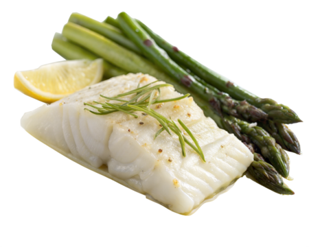 A delicate steamed cod fillet served with fresh asparagus, lemon, and rosemary, isolated on white background. Perfect for healthy eating and gourmet food concepts.
