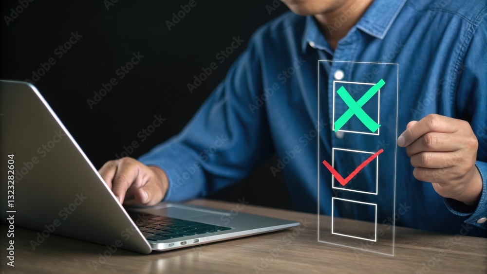 Poster decision-making process: a person working on a laptop interacts with a digital interface of a check 