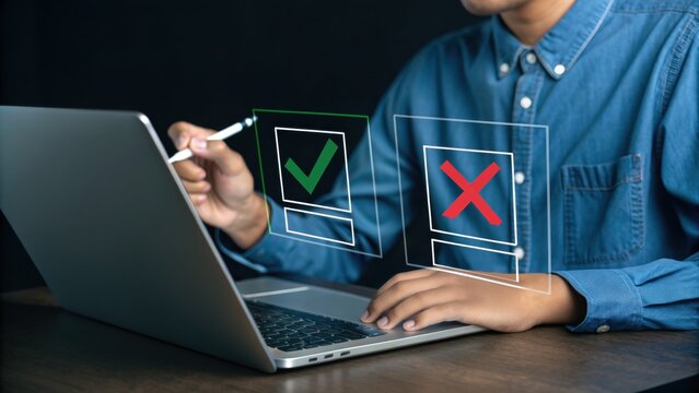 Digital Decision: An individual interacts with a laptop, selecting a checkmark or an X, highlighting digital decision-making, choices, and assessment in a virtual setting.