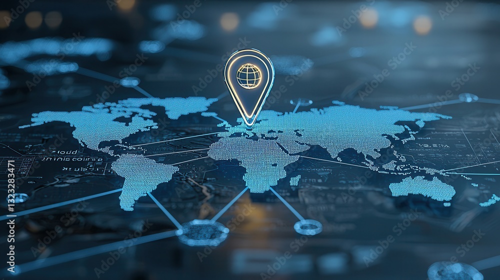 Poster a visually striking digital world map featuring cool blue tones and glowing pin markers representing