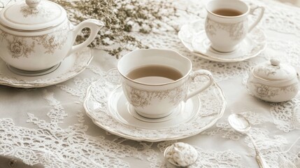 Fototapeta premium Elegant tea set with flowers arranged on a lace tablecloth