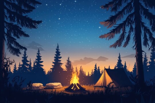 Peaceful night camping under the starry sky with a warm campfire
