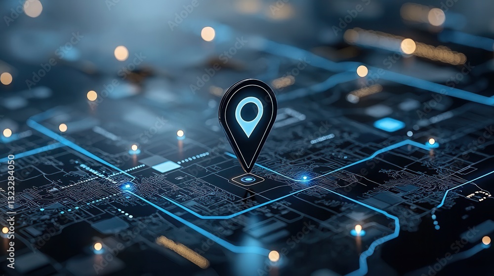 Poster a striking location pin icon prominently displayed on a sleek futuristic blue digital map with a net