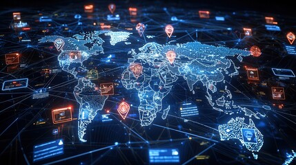 This striking digital showcases an elegant blue themed world map with a pinpointed location