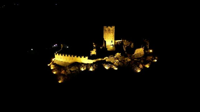 Aerial night view with drone of Cly Castle Aosta valley Italy