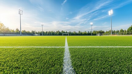 Pristine freshly maintained sports ground with a lush green grassy field and stadium lighting Perfect for various athletic activities and competitions