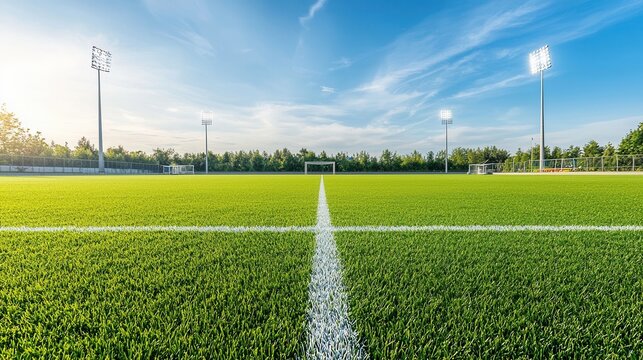 Pristine freshly maintained sports ground with a lush green grassy field and stadium lighting  Perfect for various athletic activities and competitions