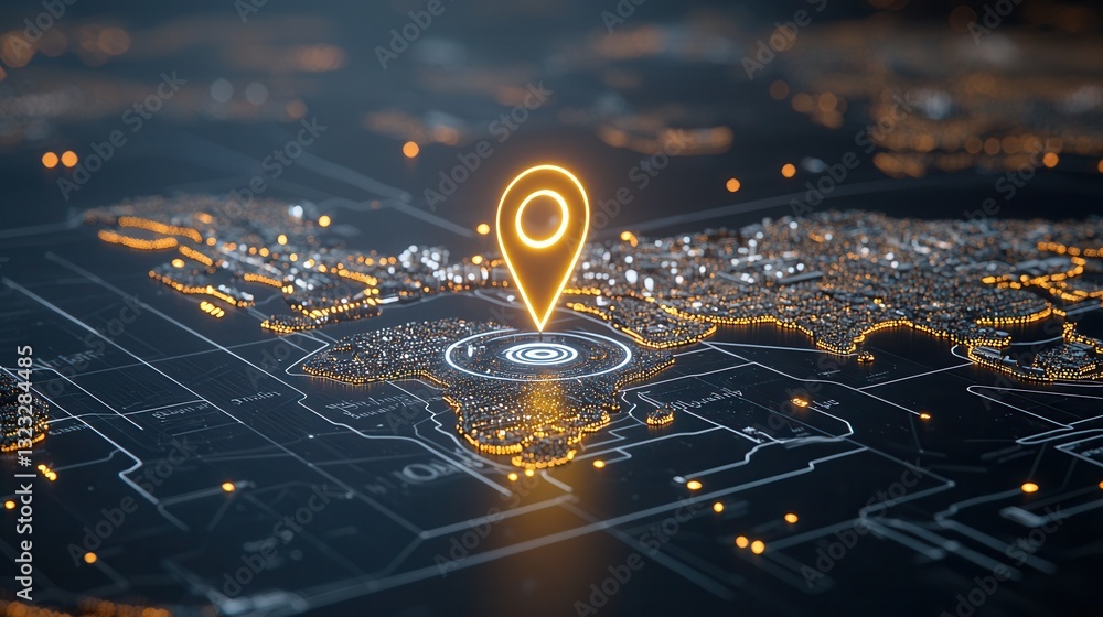 Poster a vibrant technology driven map of the world with a glowing location marker highlighting the interco