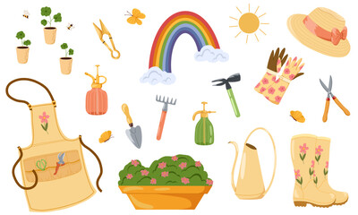 Gardening tools vector illustrations set. Hand drawn cartoon farm instruments, rubber boots, gloves, watering cans, plants, hat, apron, rainbow spring icons collection. Agricultural tools flat art