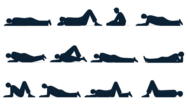 Stick figure man lie down various positions vector illustration icon set. Male person sleeping, laying, sitting on floor, ground side view silhouette pictogram on white
