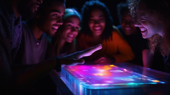 Group of smiling businesspeople interacting with modern colorful interactive touchscreen table projection in dark room, enjoying innovative technology