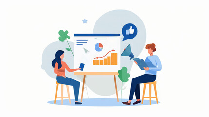 Two Professionals Analyzing Business Data with Charts and Graphs in Office