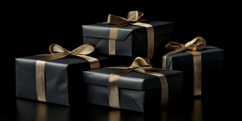 Arranged present gifts boxes wrapped in black paper with gold ribbon on black background