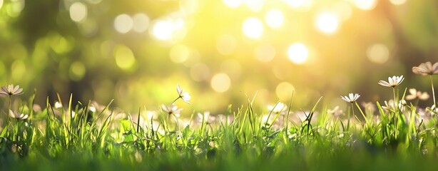Obraz premium Spring flowers in grass, sunlit meadow