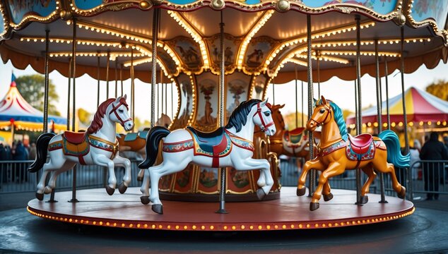 Colorful carousel with white and brown horses at a lively fair, capturing nostalgia and joy.