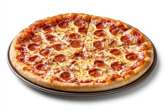 Delicious pepperoni pizza on a metal tray ready for eating