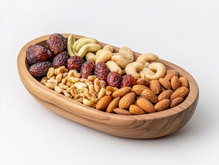 Assorted mixed nuts including almonds cashews walnuts and dried fruits arranged in a wooden bowl on a light surface representing healthy snacks and nutritious natural eating habits