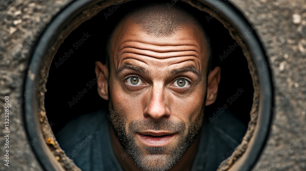 Aufkleber Man with a shaved head and a beard is looking into a hole. He has a surprised expression on his face
