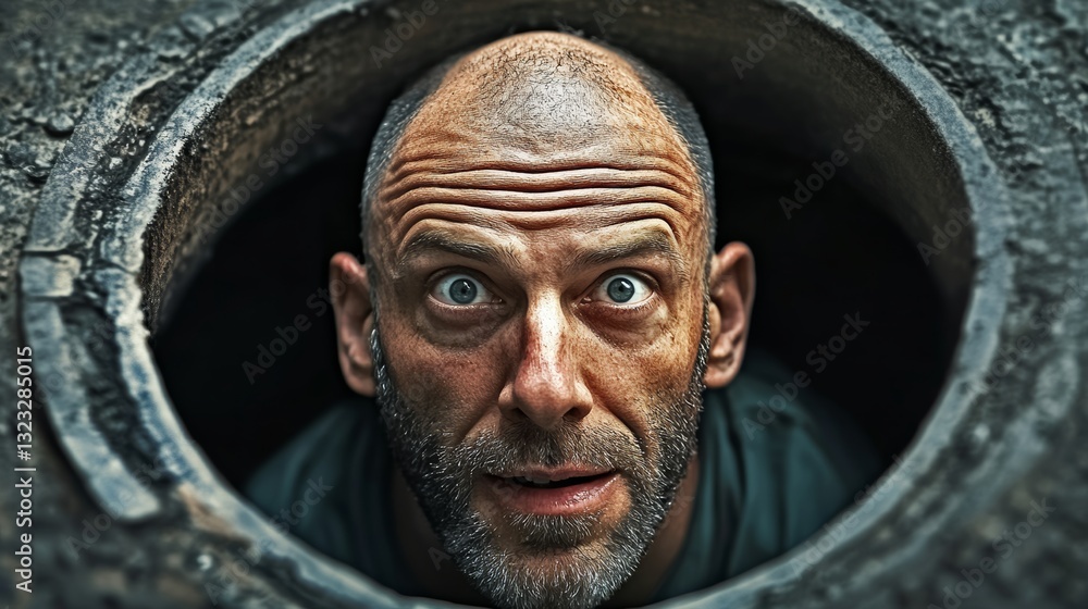 Poster man with a bald head is looking into a hole. he has a surprised expression on his face