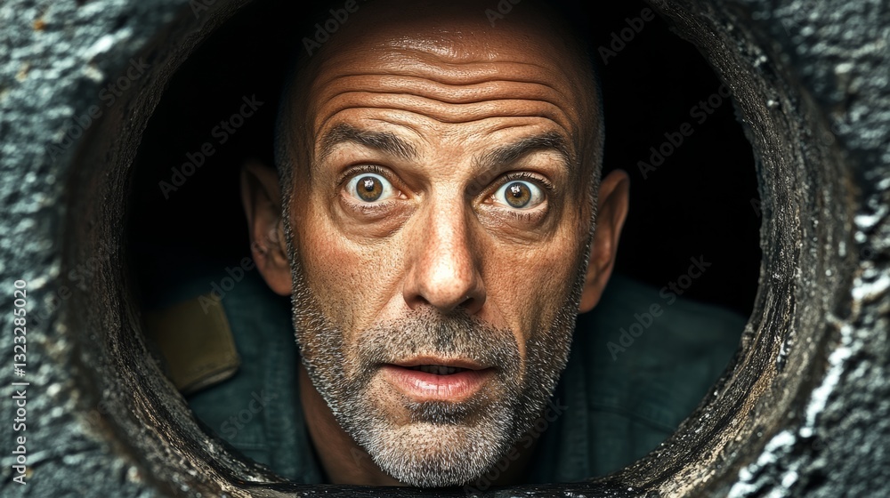 Poster man with a surprised expression is looking through a hole in a wall. concept of curiosity and intrig