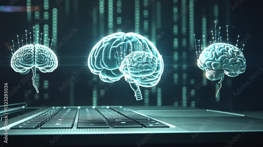 Poster futuristic digital representation of glowing brains hovering above laptop keyboard integration of ar