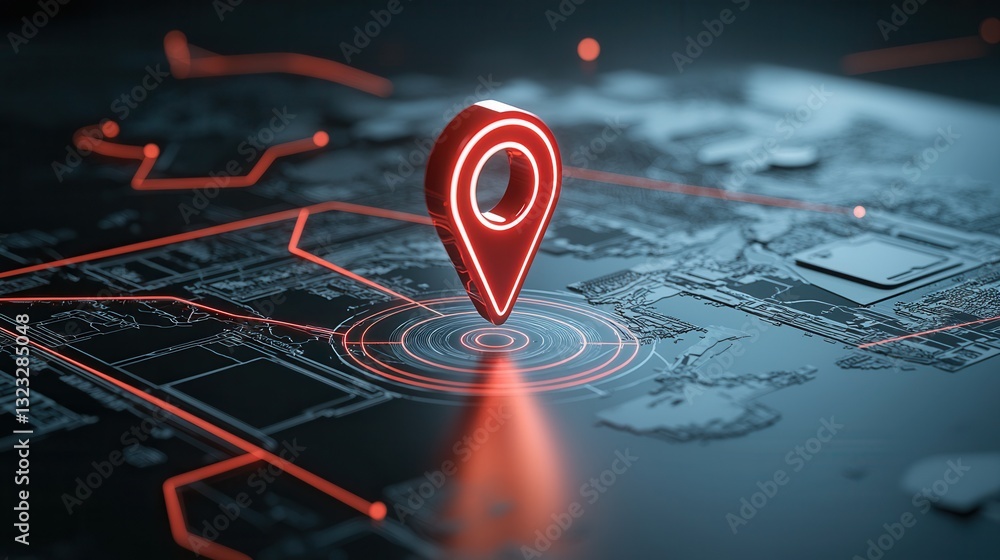 Poster a glowing red location pin hovering over a dynamic data driven map symbolizing the power of technolo