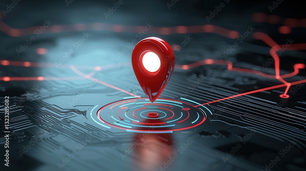 Poster a vibrant futuristic image featuring a glowing red location pin hovering over a dynamic textured dig