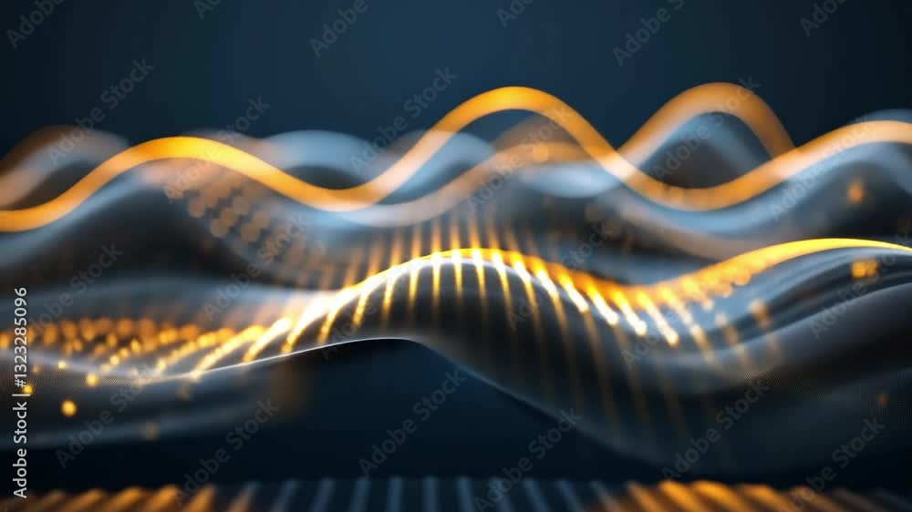 Poster abstract digital waves with glowing orange and white dots create dynamic and futuristic data flow, s